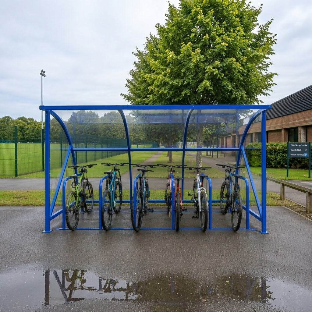 10-Bike School Cycle Shelter with Integrated Bike Stands and Clear Weather-Resistant Roof Panels