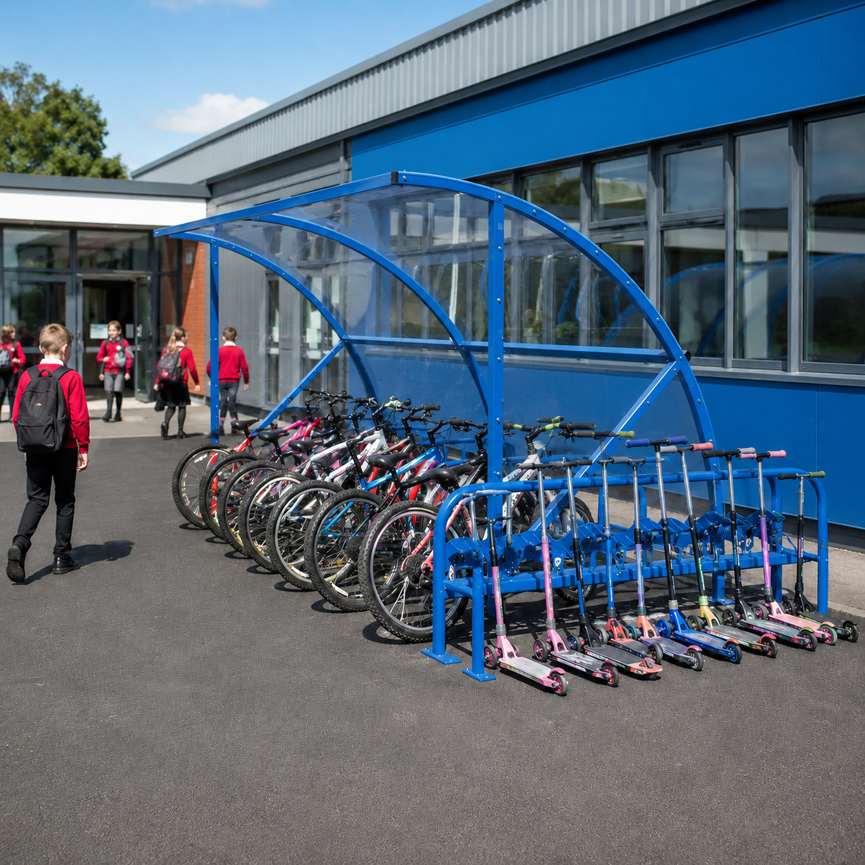 10-Bike and 10-Scooter School Storage Shelter with Integrated Cycle Stands and Scooter Rack