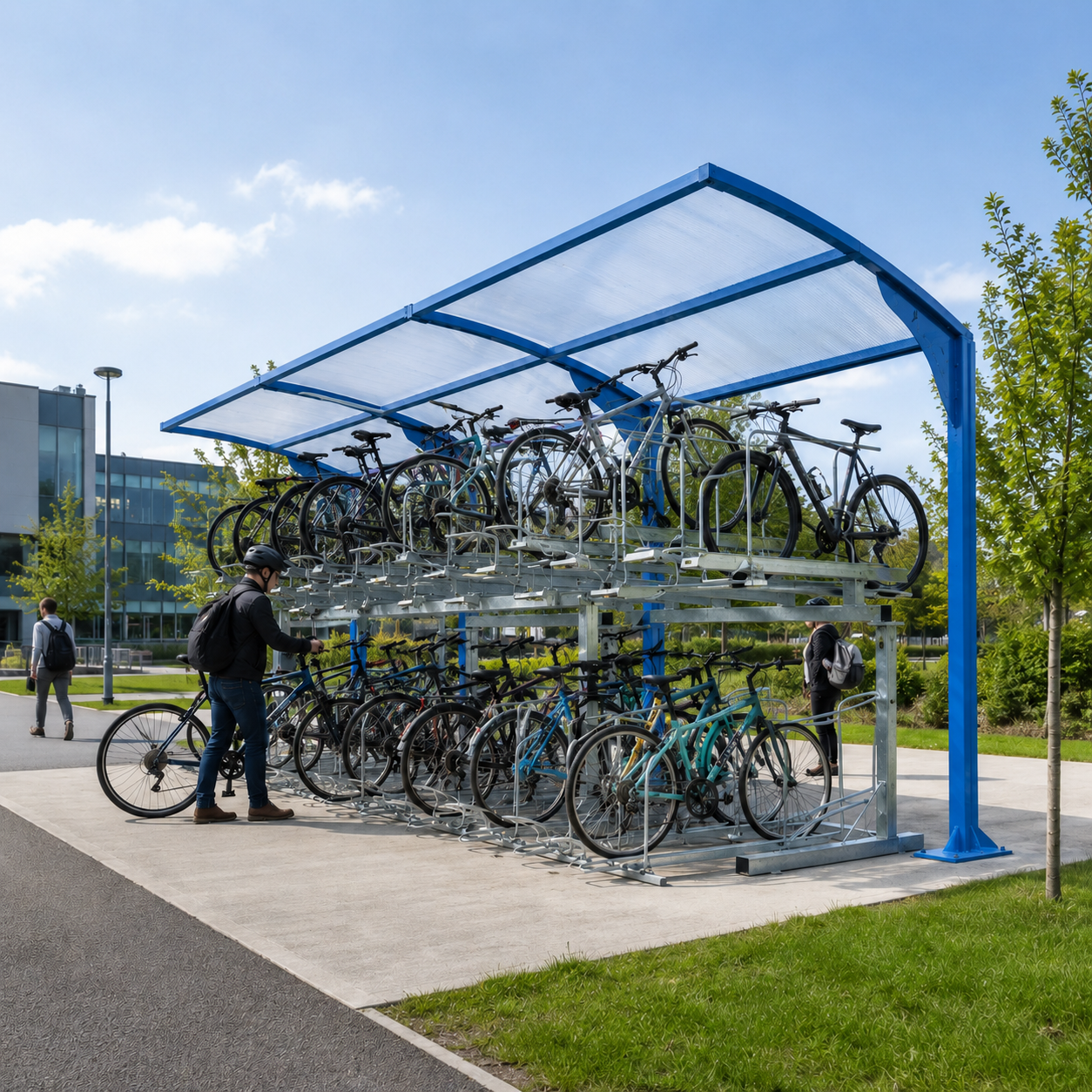 Commercial 90 Space Bike Shelter with Two Tier Cycle Parking Racks