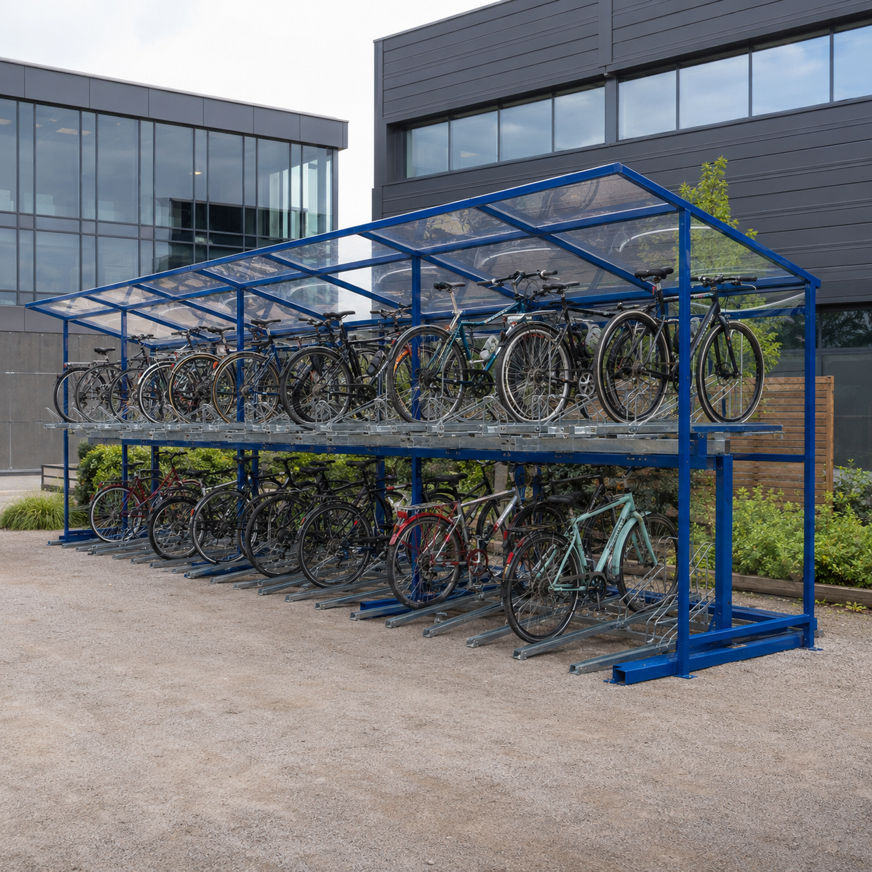 Heavy-Duty Bicycle Shelter with Two Tier Parking System – 30 Bikes