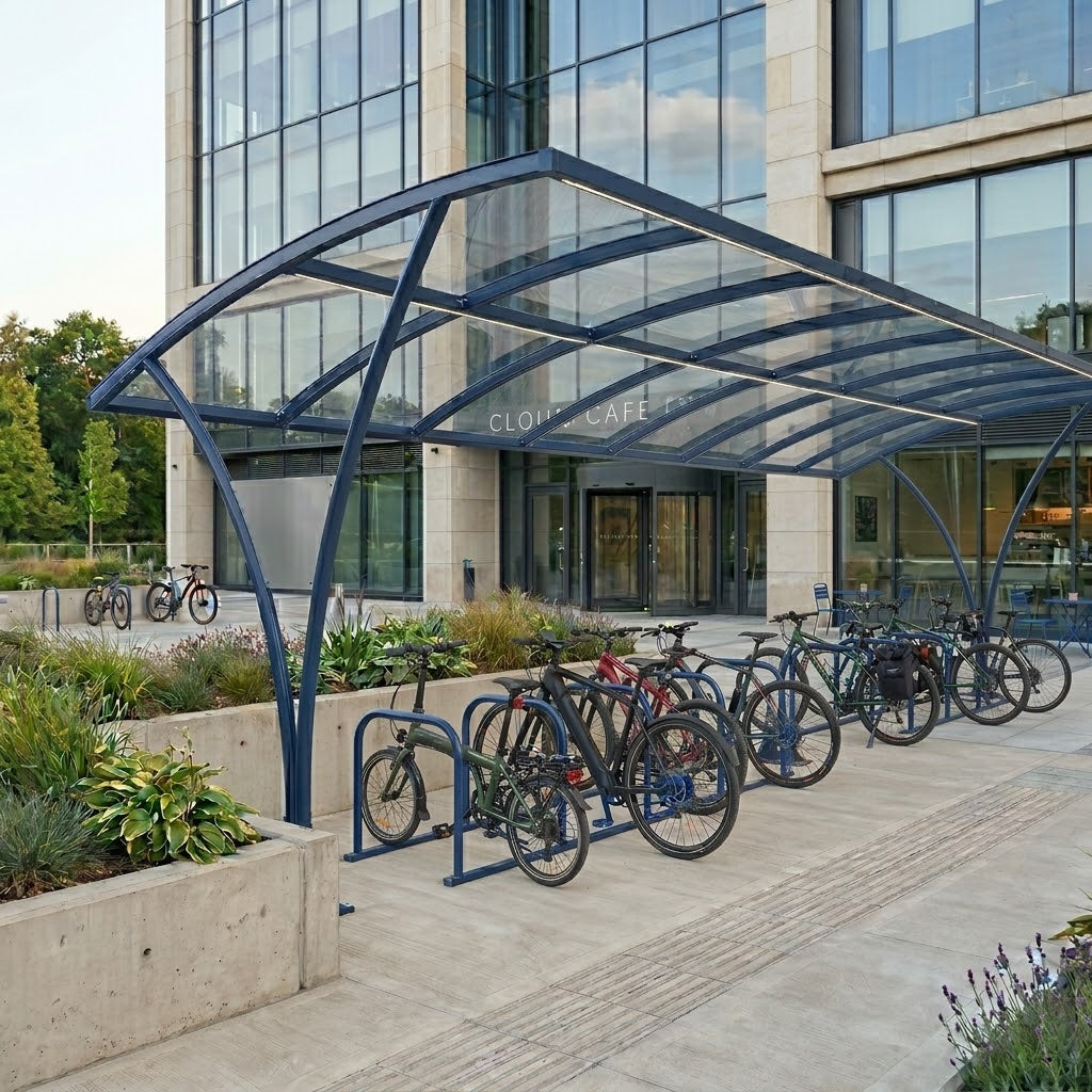 Heavy Duty 30 Cycle Curved Bike Shelter – Steel Covered Bicycle Storage Shelter for Schools & Commercial Areas
