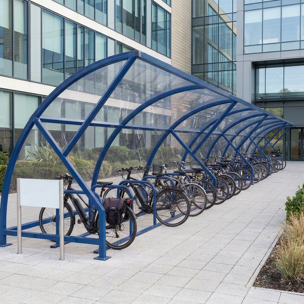 High-Capacity Open Front Cycle Shelter for 44 Bikes – Steel Frame with Curved Polycarbonate Roof
