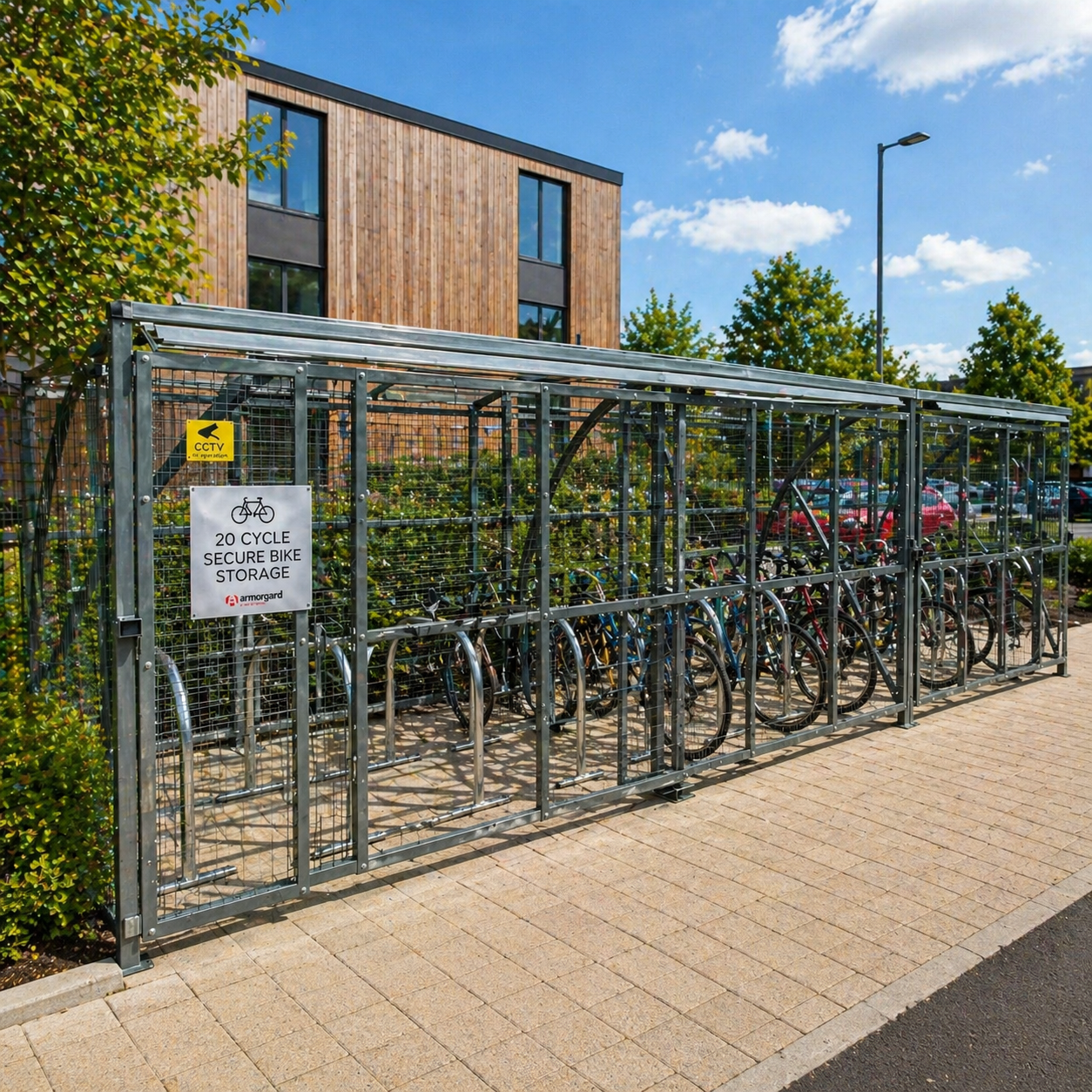 Lockable 20 Bike Storage Shelter – Secure Outdoor Cycle Compound with Steel Frame, Mesh Sides & Weatherproof Roof – Commercial Bicycle Parking Unit