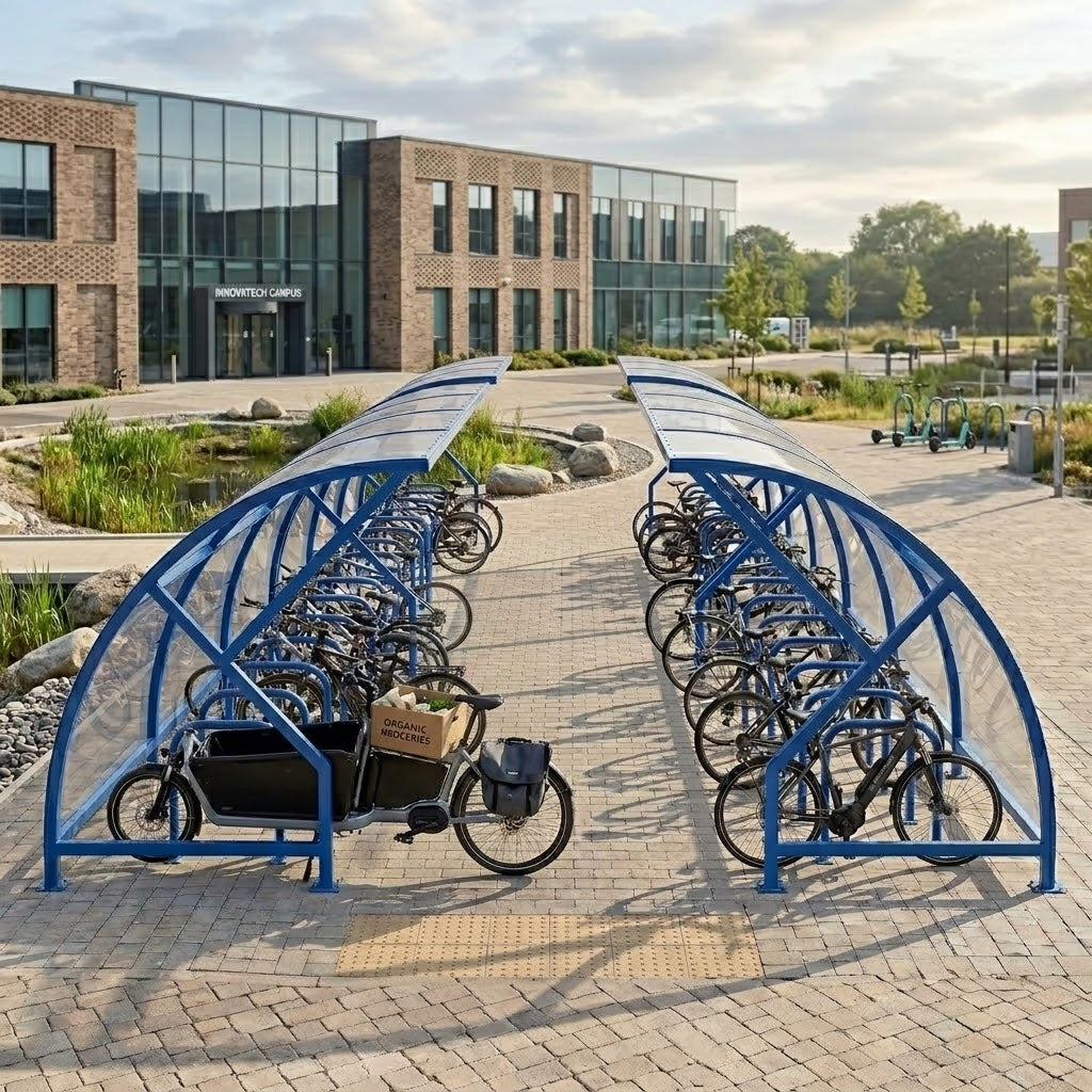 Open Front Cycle Shelter – 28 Bicycle Capacity Steel Frame System