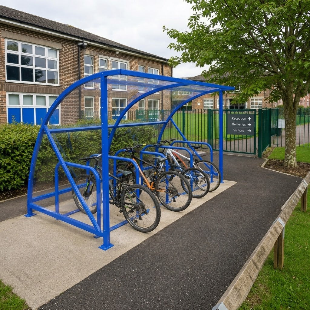 10-Bike School Cycle Shelter with Integrated Bike Stands and Clear Weather-Resistant Roof Panels