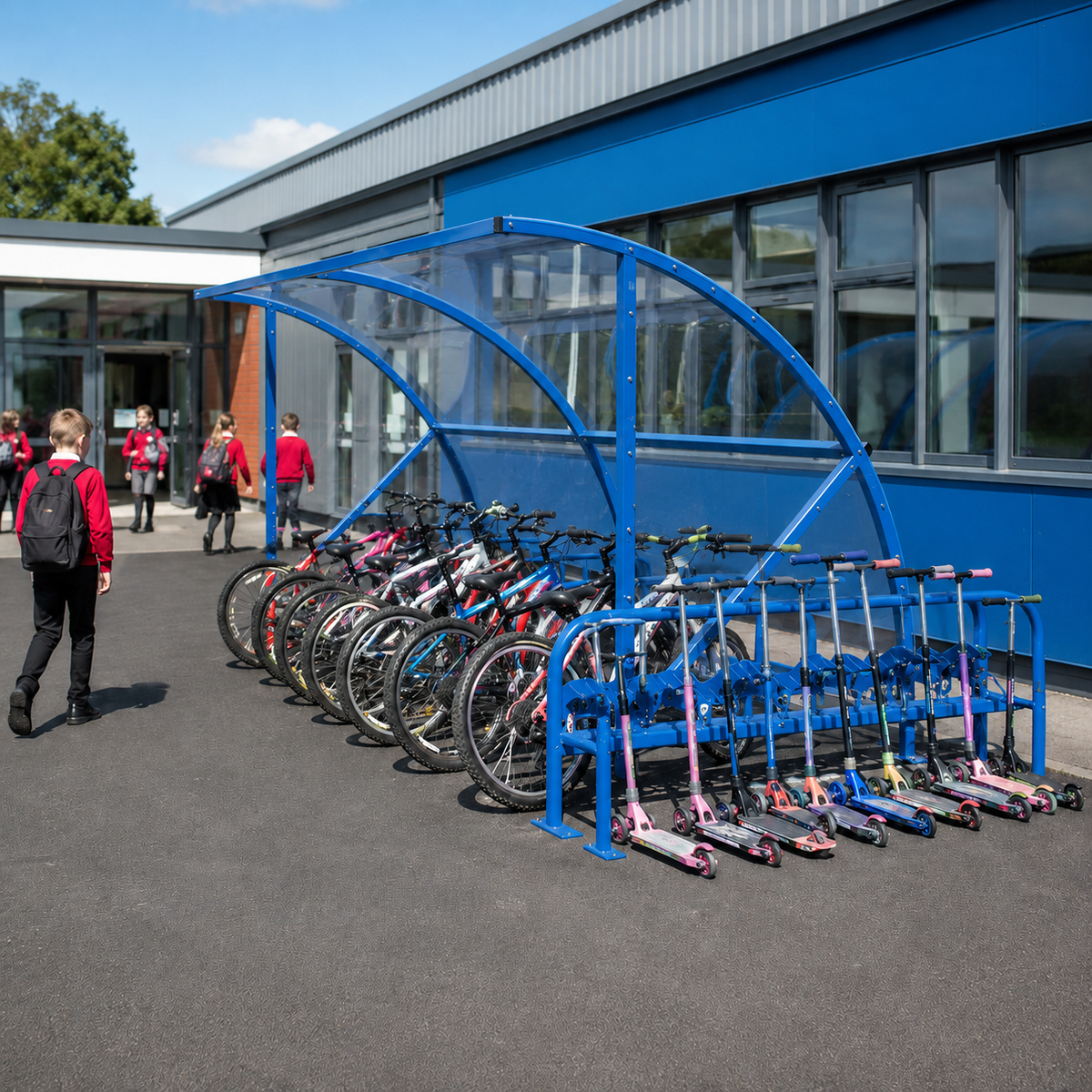 10-Bike and 10-Scooter School Storage Shelter with Integrated Cycle Stands and Scooter Rack