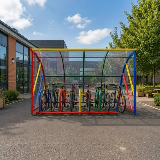 10 Cycle Rainbow Steel Bike Shelter for Schools – Covered Outdoor Bicycle Storage with Cycle Stands