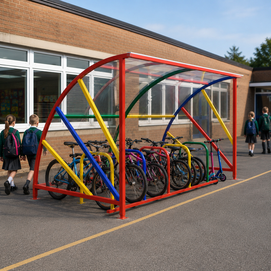 10 Cycle Rainbow Steel Bike Shelter for Schools – Covered Outdoor Bicycle Storage with Cycle Stands