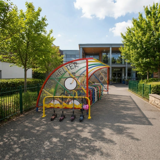 20-Cycle School Bike Shelter with Integrated Cycle Stands and Scooter Rack