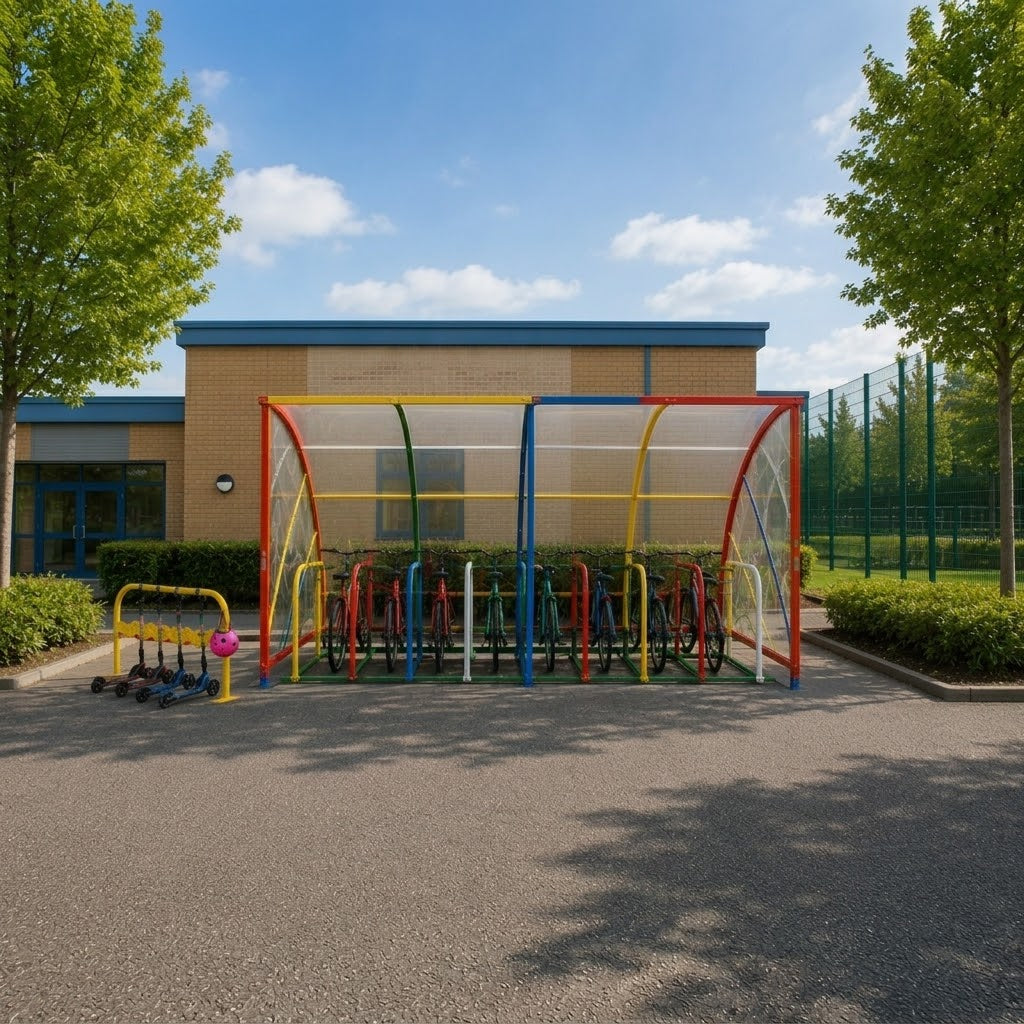 20-Cycle School Bike Shelter with Integrated Cycle Stands and Scooter Rack
