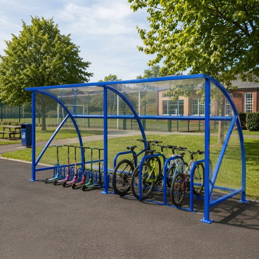 Combined Cycle and Scooter Shelter for Schools with 6-Bike Stand and 10-Scooter Rack