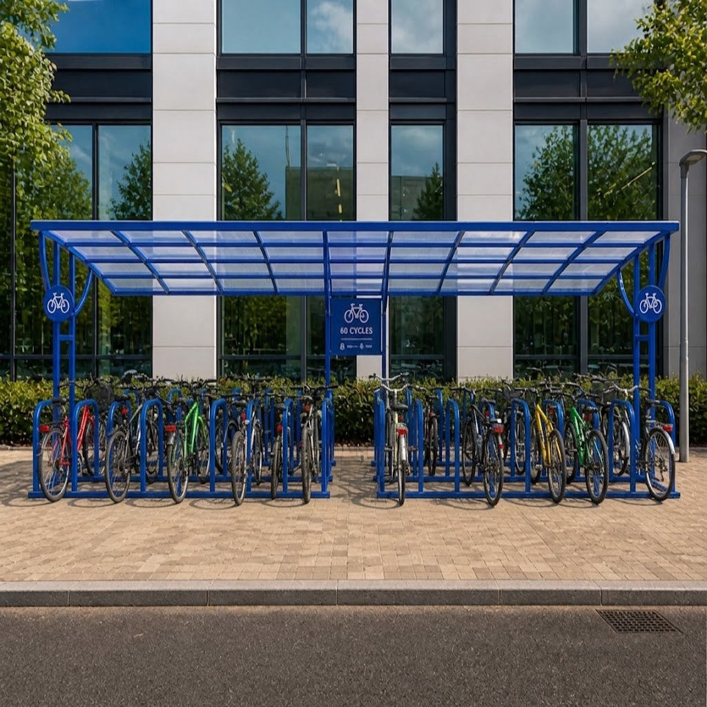 Commercial 60 Bicycle Shelter – Double Access Outdoor Bike Storage System with Integrated Racks