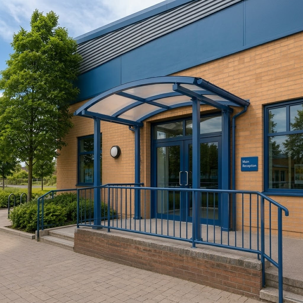 Curved Roof 114 Series Commercial Entrance Canopy with Steel Frame & Polycarbonate Panels