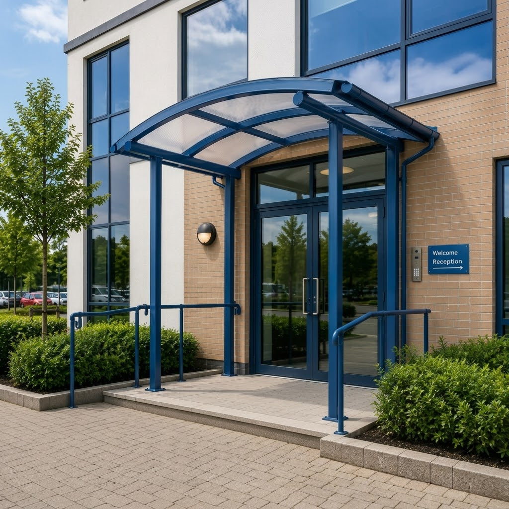 Curved Roof 114 Series Commercial Entrance Canopy with Steel Frame & Polycarbonate Panels