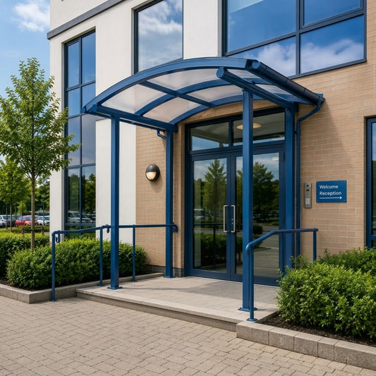 Curved Roof 114 Series Commercial Entrance Canopy with Steel Frame & Polycarbonate Panels