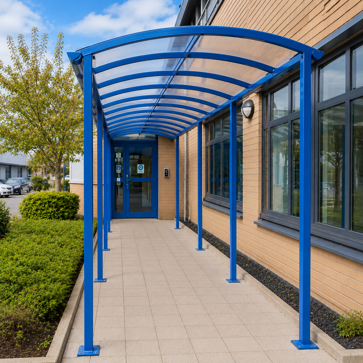 Curved Roof 60 Series Covered Walkway Canopy with Steel Frame & Polycarbonate Panels