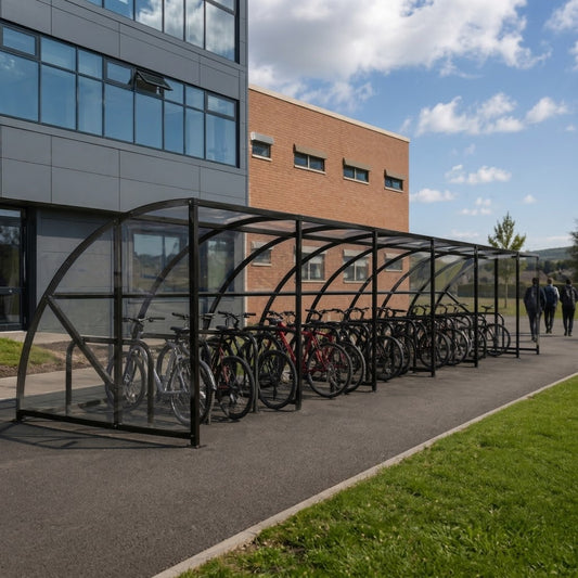 Extended Front Cycle Shelter for 24 Bikes - Durable Cycle Parking Solution