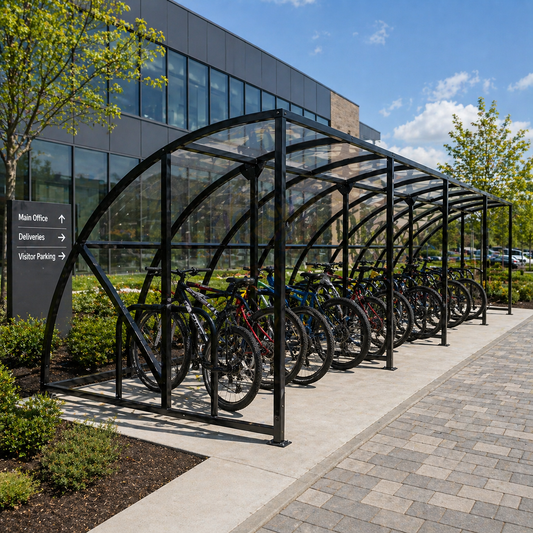 Extended Front Cycle Shelter for 30 Bikes - Comprehensive Cycle Storage