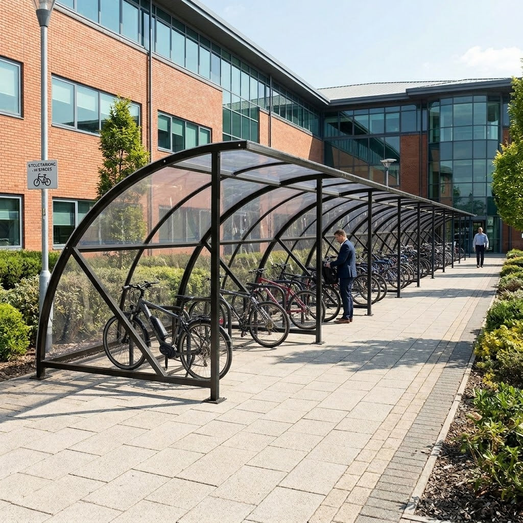 Extended Front Cycle Shelter for 34 Bikes - High Capacity Bicycle Shelter