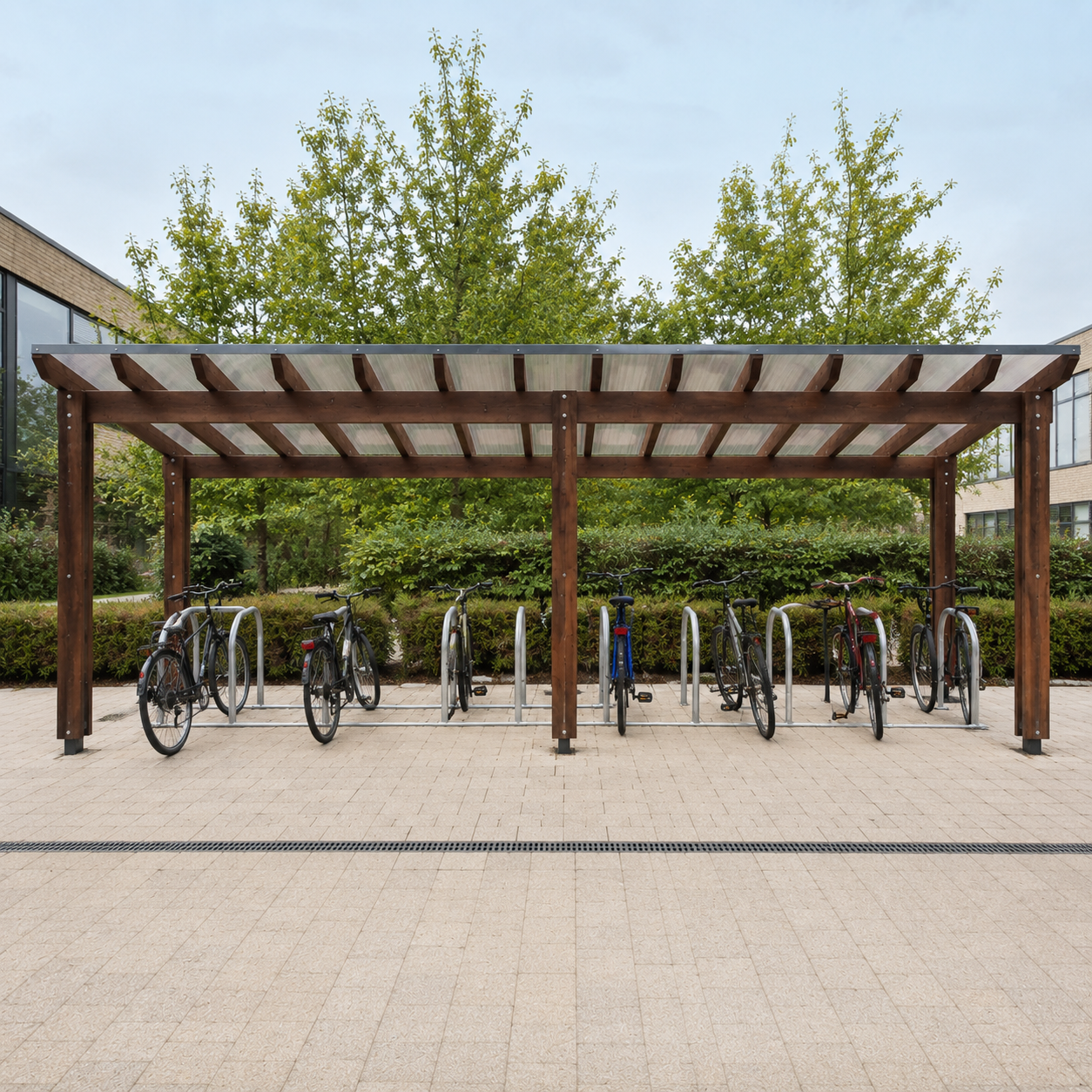 Fully Open Timber-Style Cycle Shelter with Galvanised Bike Racks – Heavy-Duty Outdoor Bicycle Parking Canopy