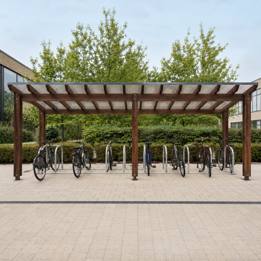 Fully Open Timber-Style Cycle Shelter with Galvanised Bike Racks – Heavy-Duty Outdoor Bicycle Parking Canopy