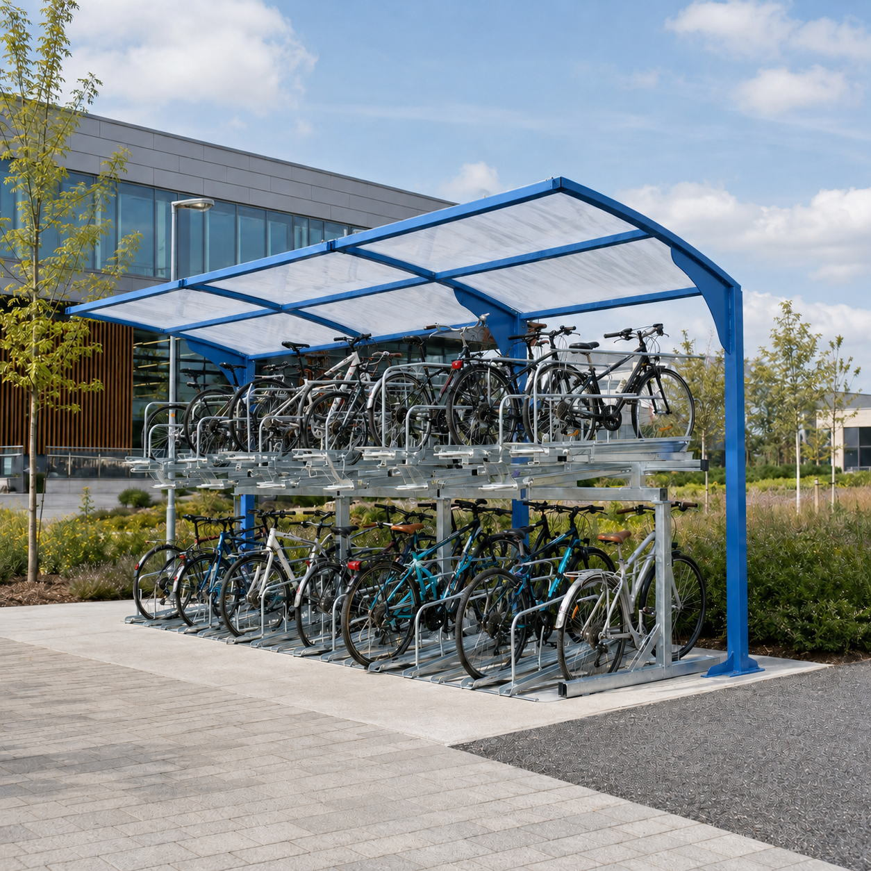 Galvanised 30 Bike Cycle Parking Shelter with Two-Tier Storage Racks