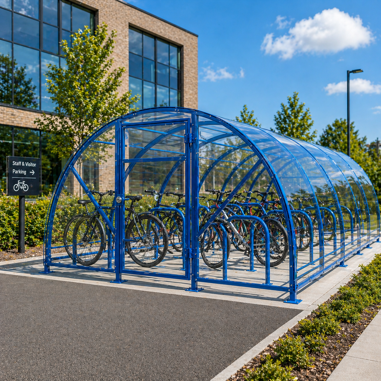 Heavy-Duty Lockable Cycle Storage Compound for 28 Bikes with Galvanised Steel Frame and Clear Roof Panels