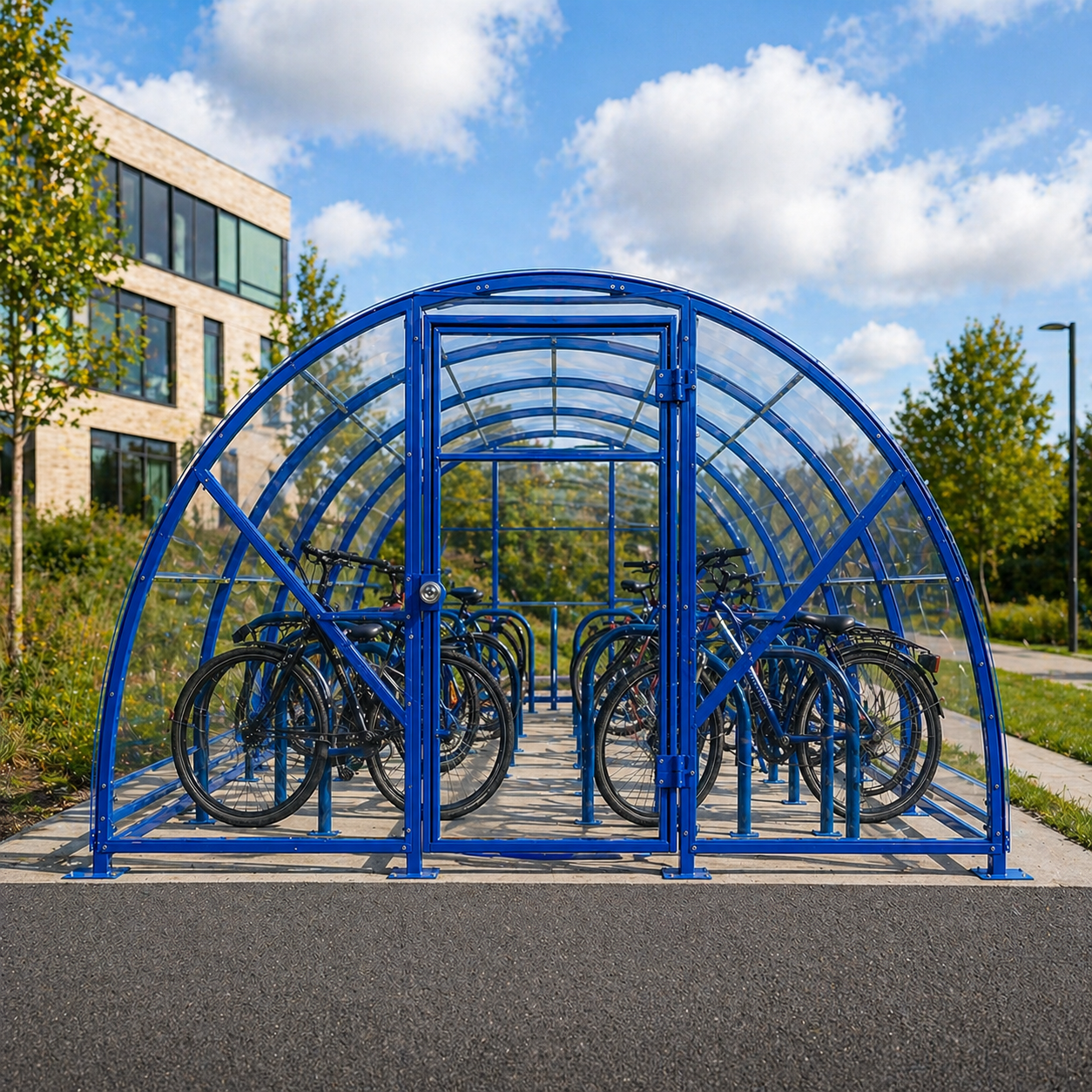 Heavy-Duty Lockable Cycle Storage Compound for 28 Bikes with Galvanised Steel Frame and Clear Roof Panels