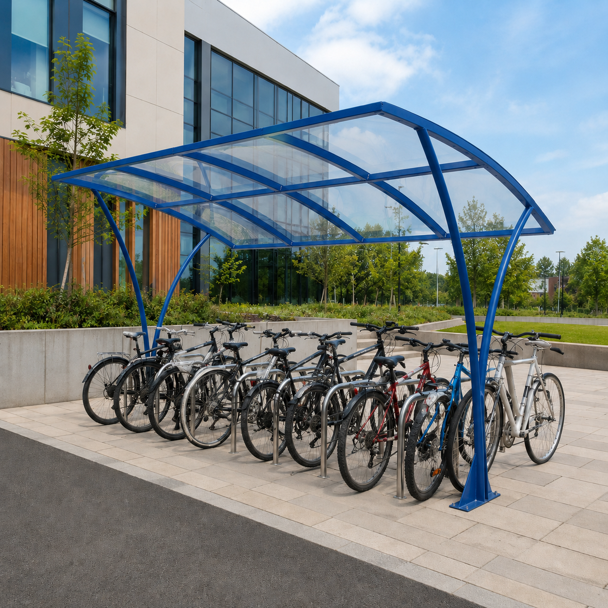 Heavy Duty 10 Cycle Curved Bike Shelter – Steel Covered Bicycle Storage Shelter for Schools & Commercial Areas