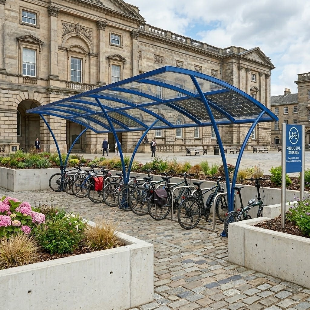Heavy Duty 14 Cycle Curved Bike Shelter – Steel Covered Bicycle Storage Shelter for Schools & Commercial Areas