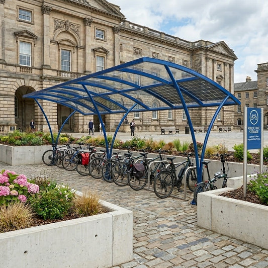Heavy Duty 14 Cycle Curved Bike Shelter – Steel Covered Bicycle Storage Shelter for Schools & Commercial Areas