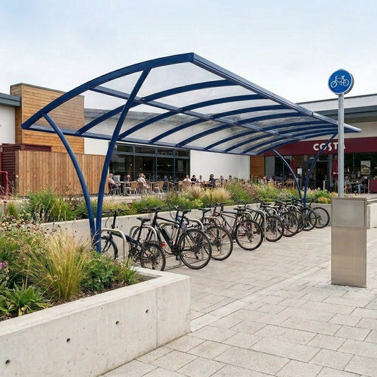 Heavy Duty 20 Cycle Curved Bike Shelter – Steel Covered Bicycle Storage Shelter for Schools & Commercial Areas