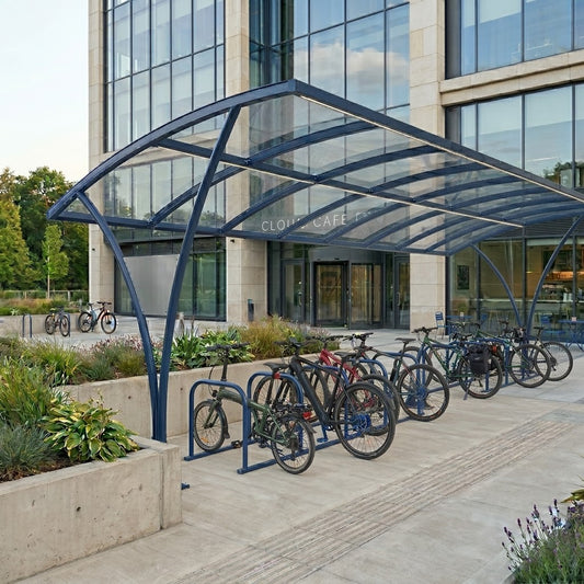 Heavy Duty 30 Cycle Curved Bike Shelter – Steel Covered Bicycle Storage Shelter for Schools & Commercial Areas