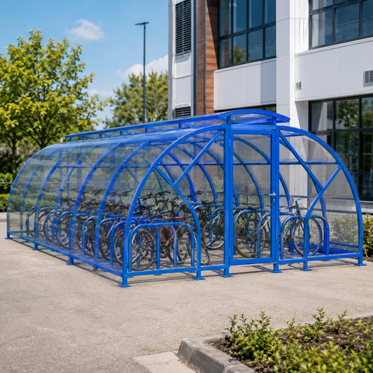 Heavy Duty 60 Cycle Bike Shelter with Vented Roof – Large Secure Covered Bicycle Storage Shelter for Commercial & Public Areas