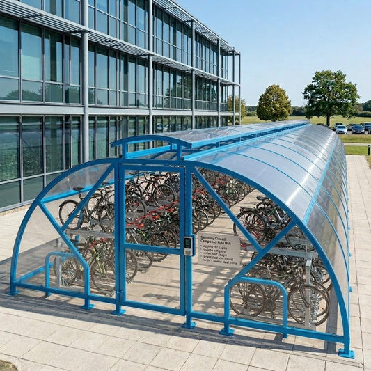 Heavy Duty 80 Cycle Bike Shelter with Vented Roof – Extra Large Secure Covered Bicycle Storage Shelter for Commercial & Public Areas