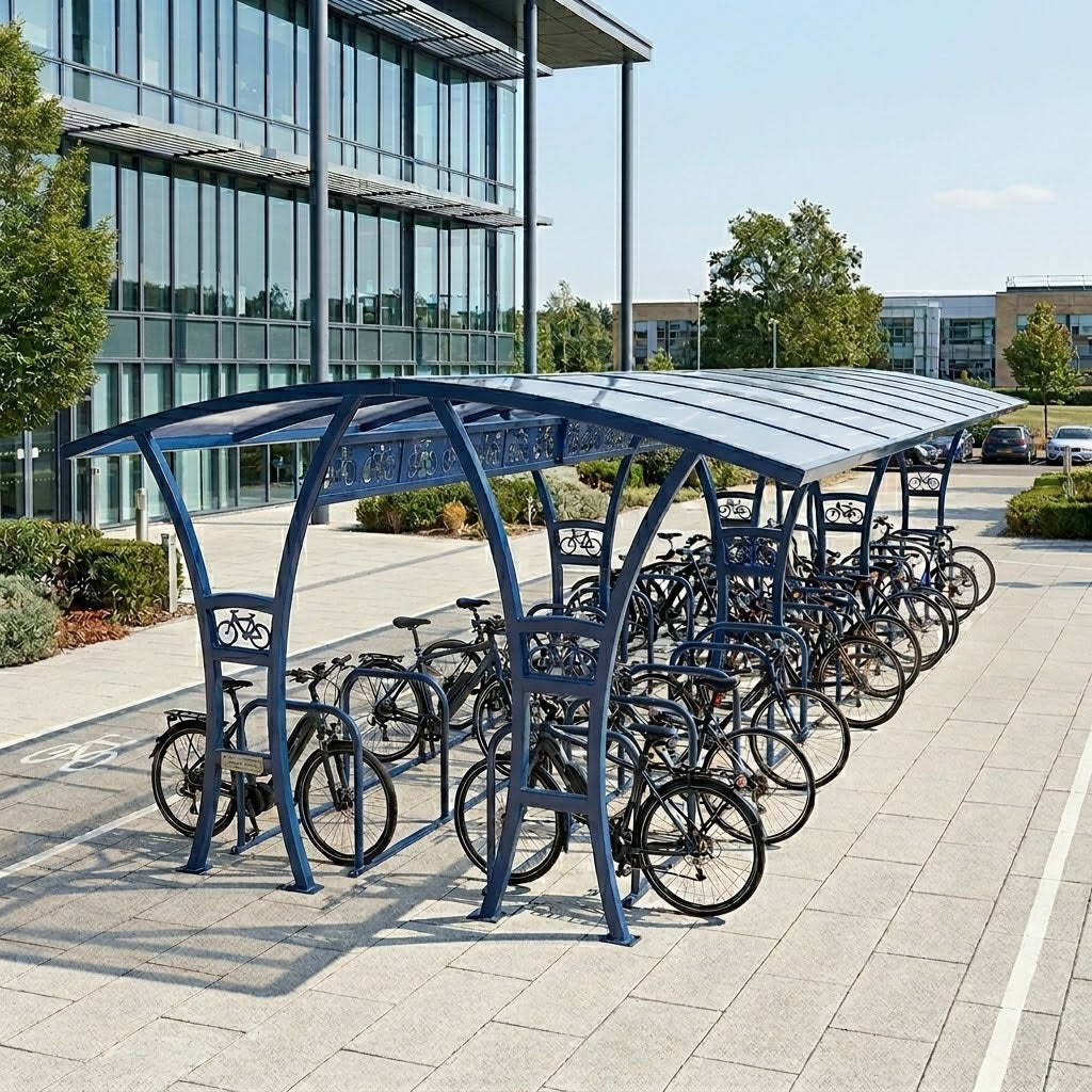 High Capacity 28 Cycle Parking Shelter – Double Access Outdoor Bike Storage System with Steel Frame