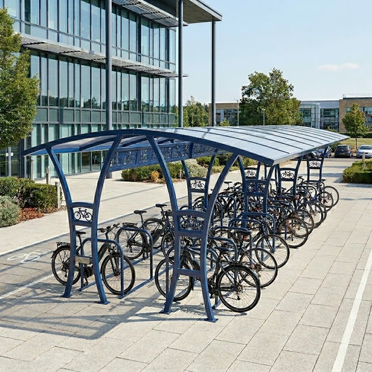 High Capacity 28 Cycle Parking Shelter – Double Access Outdoor Bike Storage System with Steel Frame