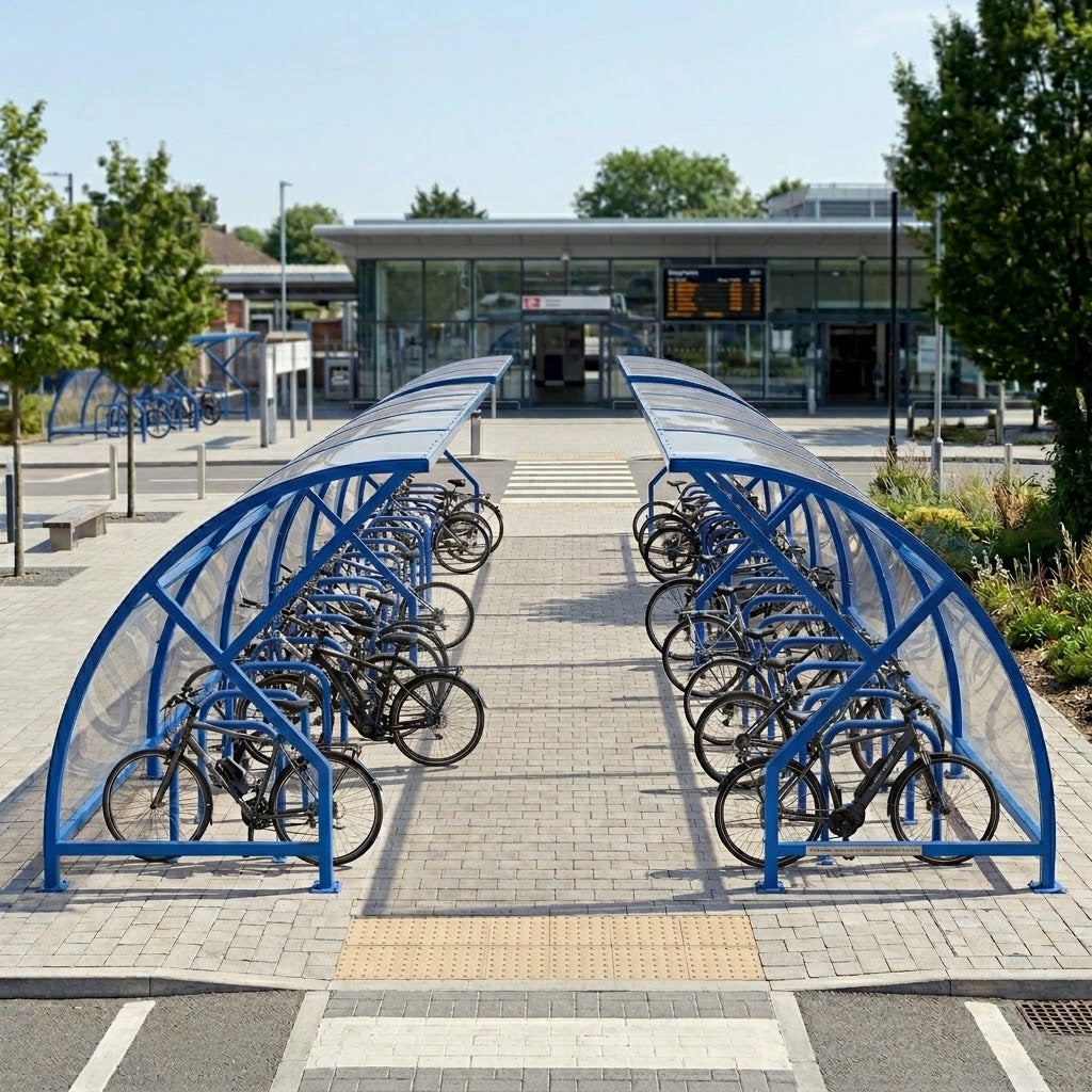Open Front Cycle Shelter – 28 Bicycle Capacity Steel Frame System