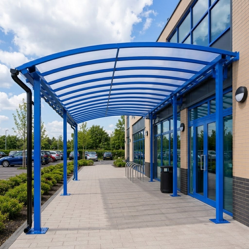 Premium Linear Curved Pent Roof Canopy with Steel Frame & Polycarbonate Panels