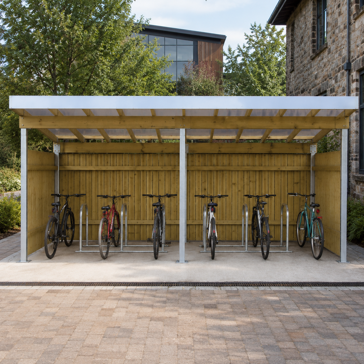 Semi-Enclosed Timber Cycle Shelter with Galvanised Steel Frame – Secure Outdoor Bike Storage for Schools, Workplaces & Public Areas