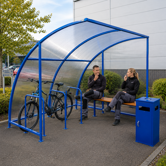 Smoking & Bike Shelter Bundle with Bench, Cigarette Bin & Bike Stands – 4 Person Outdoor Shelter