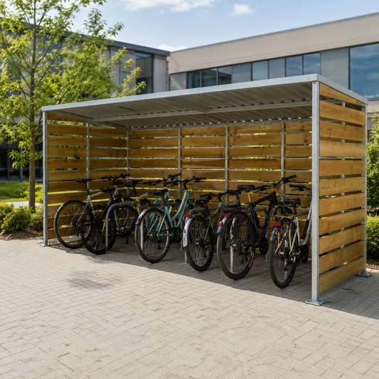 Timber-Style Covered Bicycle Parking Shelter for 10 Bikes with Galvanised Rack System